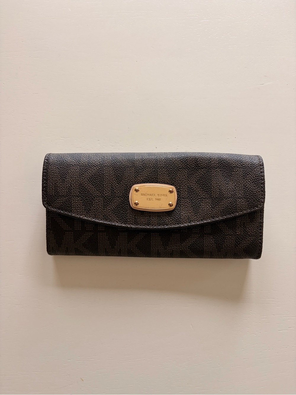 Michael Kors Dark Brown MK Logo Continental Wallet with Gold Plaque